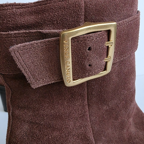 Vince Camuto Bembonie Suede Stacked Heel Bootie Buckle Ankle Boot | Sz 8, Brown - Picture 7 of 9